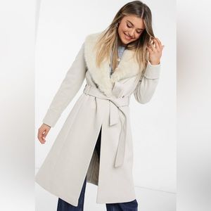 Miss Selfridge tailored coat with faux fur trim in cream
